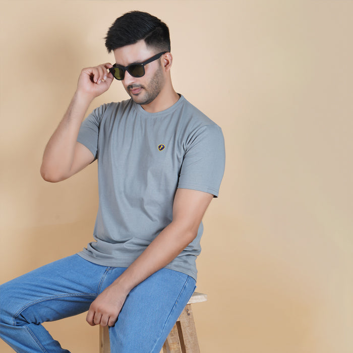 half sleeve detail pure cotton round neck t shirt charcoal grey dark grey color soft stretch durable true fabric holds shape no shrink no sag