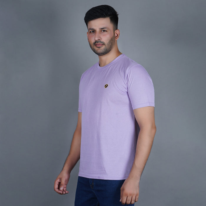 men pure cotton half sleeve round neck t shirt lilac soft purple color side view accurate fit true size holds shape