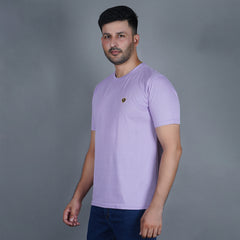 men pure cotton half sleeve round neck t shirt lilac soft purple color side view accurate fit true size holds shape