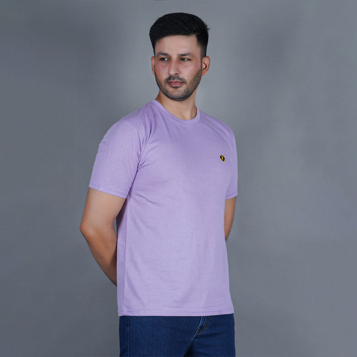 another view of men pure cotton half sleeve round neck t shirt lilac soft purple color side view accurate fit true size holds shape