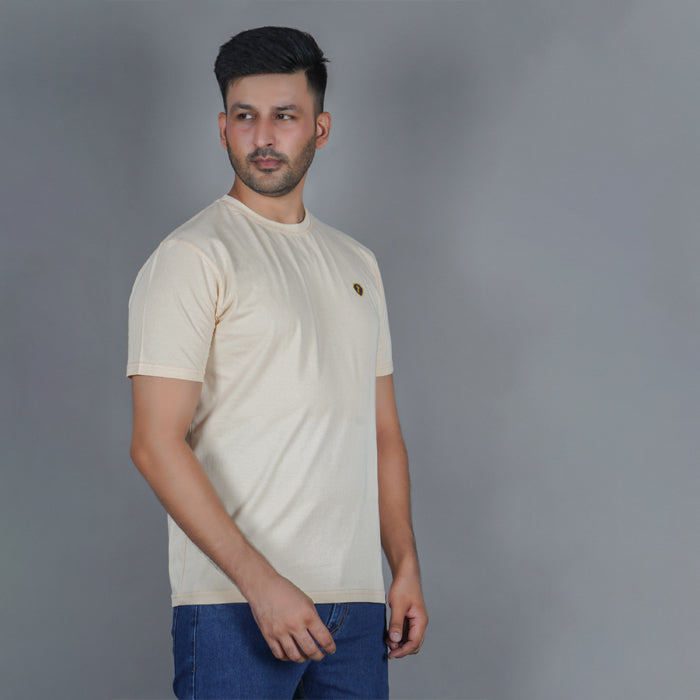 left side view men pure cotton half sleeve round neck t shirt california peach side view accurate fit true size holds shape