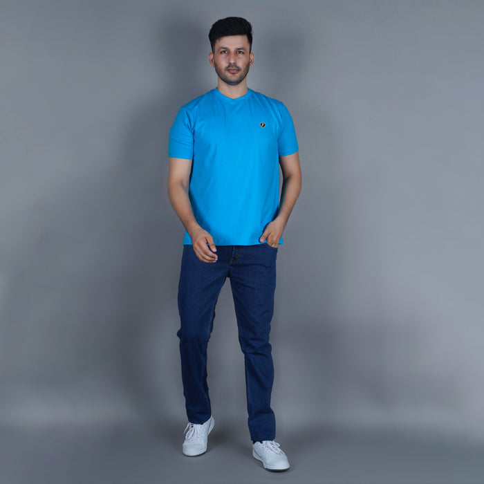 full front view pure cotton lycra half sleeve round neck t shirt aqua blue true color anti sag fabric gold finish