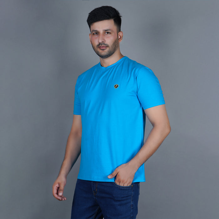 men pure cotton lycra half sleeve round neck t shirt aqua blue side view accurate fit true size holds shape
3) Back View