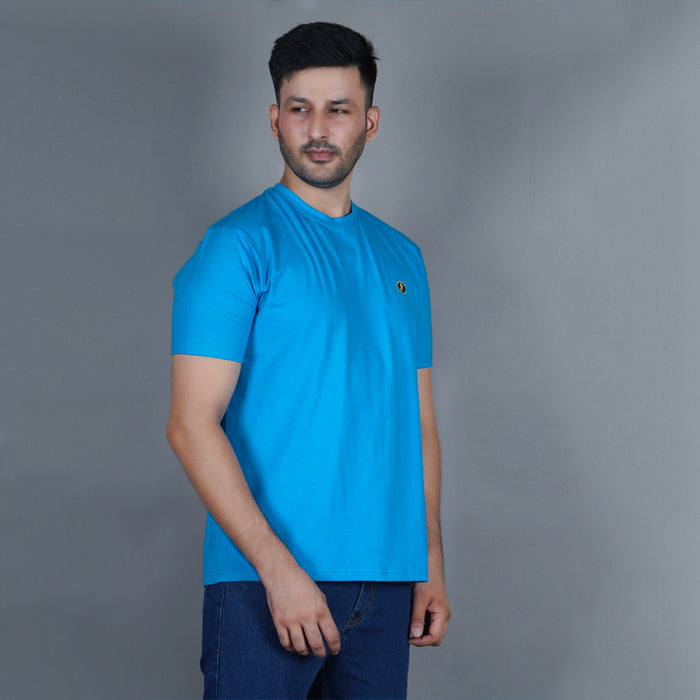side view 2 men pure cotton lycra half sleeve round neck t shirt aqua blue side view accurate fit true size holds shape