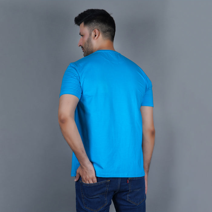 men aqua blue pure cotton lycra half sleeve round neck t shirt back view true size durable fabric won’t deform