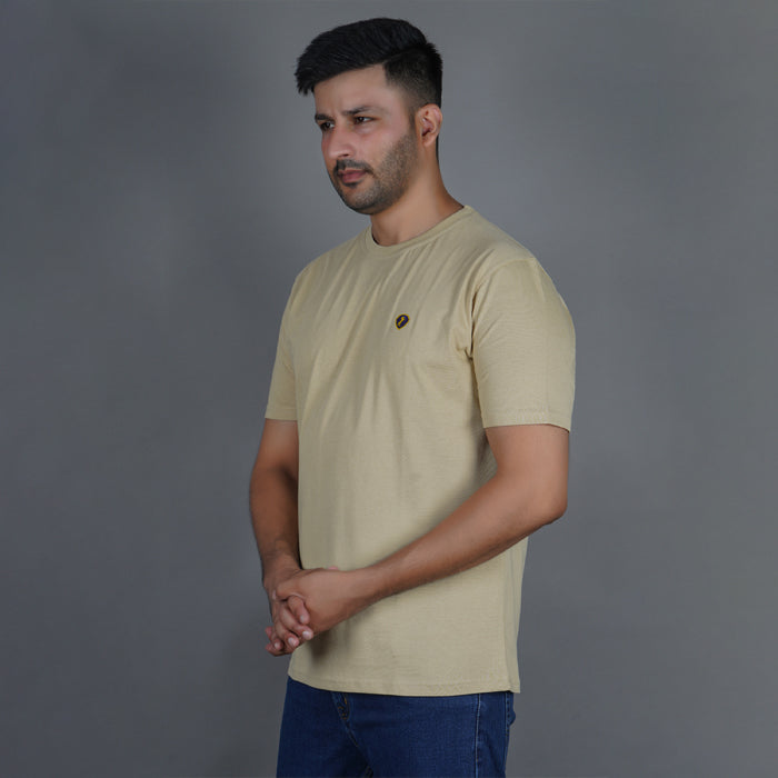 men pure cotton half sleeve round neck t shirt beige side view accurate fit true size holds shape no fade