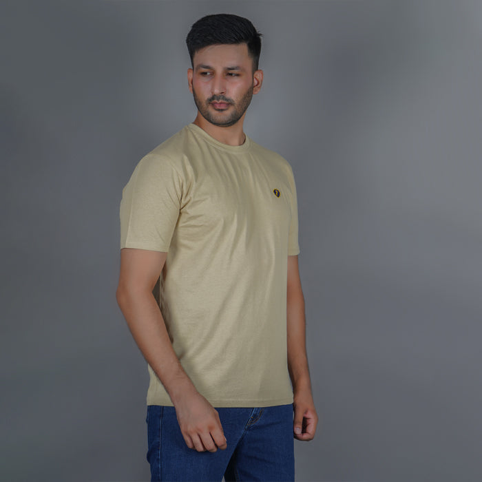 men pure cotton half sleeve round neck t shirt beige side view accurate fit true size holds shape