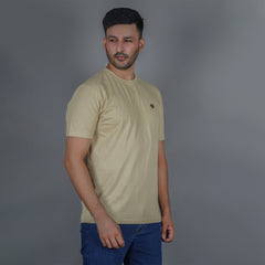 men pure cotton half sleeve round neck t shirt beige side view accurate fit true size holds shape