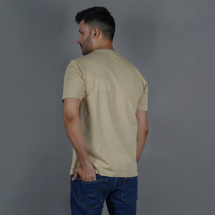 men beige pure cotton half sleeve round neck t shirt back view true size durable fabric won’t deform