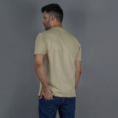 men beige pure cotton half sleeve round neck t shirt back view true size durable fabric won’t deform