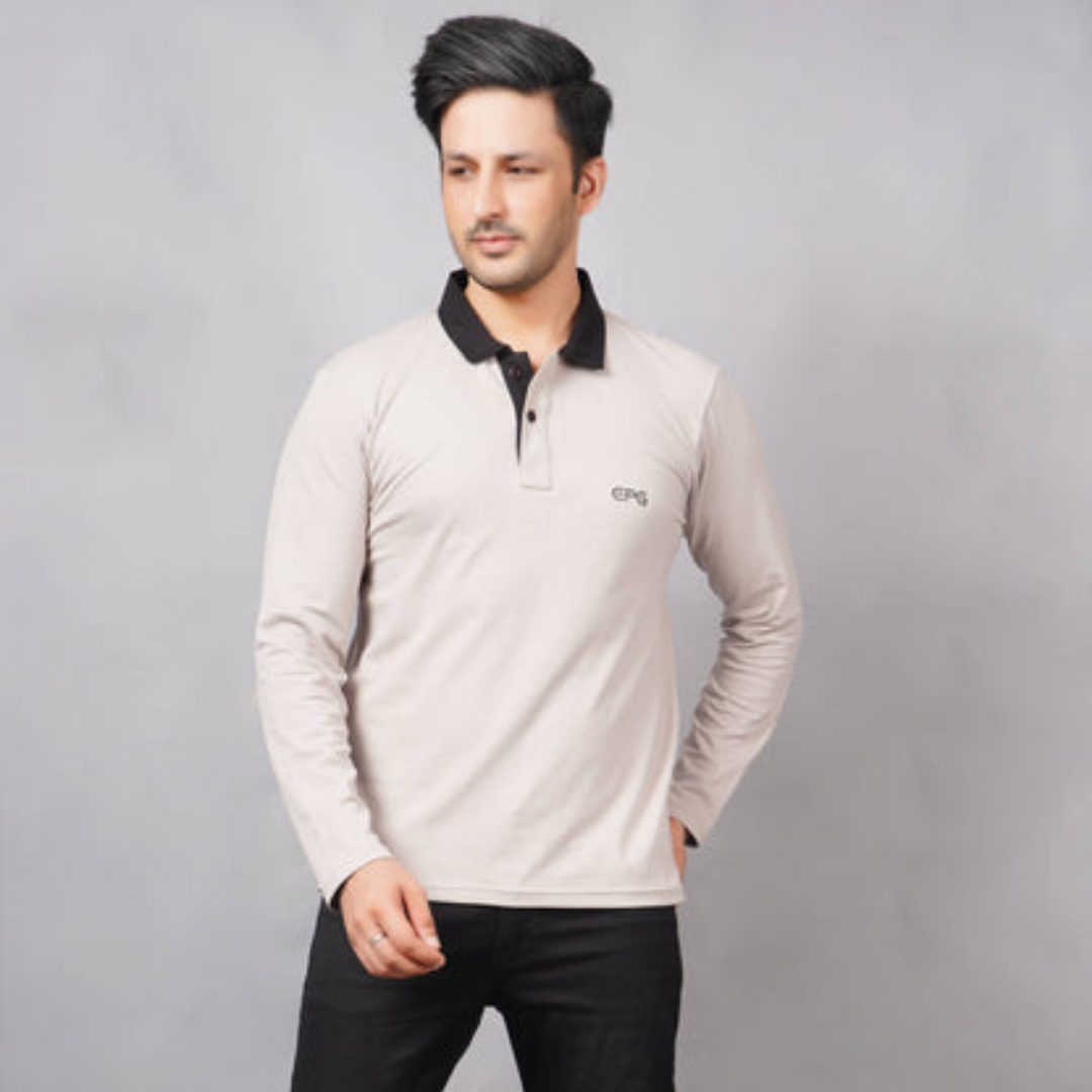 EPG Men s Cotton Lycra Full Sleeve Polo T Shirt Grey
