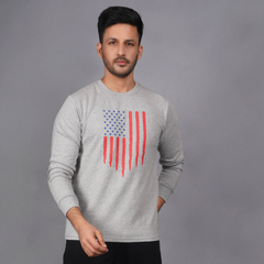 men full sleeve pure cotton french terry sweatshirt grey melange soft warm breathable american flag print true fabric true color