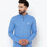 men full sleeve mandarin collar pure cotton t shirt sky blue soft breathable true fabric true color
