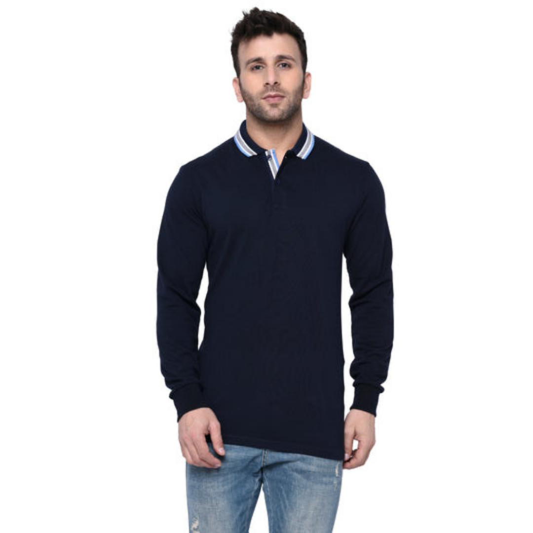 men full sleeve pure cotton polo t shirt navy blue soft breathable true fabric true color