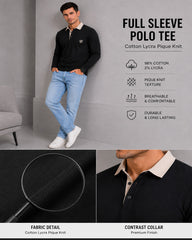 EPG Men's Cotton Lycra Full Sleeve Polo T Shirt - Black