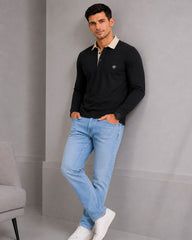 EPG Men's Cotton Lycra Full Sleeve Polo T Shirt - Black