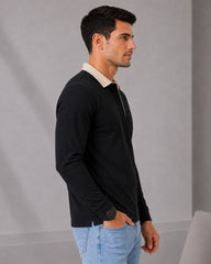EPG Men's Cotton Lycra Full Sleeve Polo T Shirt - Black