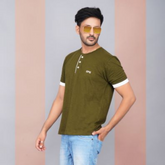 Half Sleeve Henley Pure Cotton Slub T Shirt for Men - Army Green