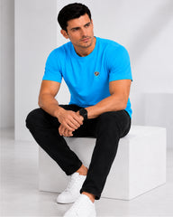 Men's Aqua Blue Crew Neck T-Shirt - Gold Finish Cotton | EPG