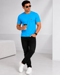 Men's Aqua Blue Crew Neck T-Shirt - Gold Finish Cotton | EPG