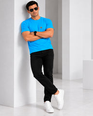 Men's Aqua Blue Crew Neck T-Shirt - Gold Finish Cotton | EPG