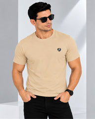 Men's Beige Crew Neck T-Shirt - Gold Finish Cotton | EPG