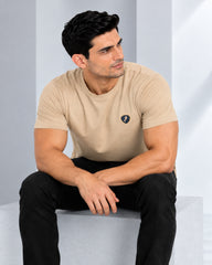 Men's Beige Crew Neck T-Shirt - Gold Finish Cotton | EPG