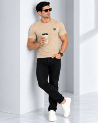 Men's Beige Crew Neck T-Shirt - Gold Finish Cotton | EPG