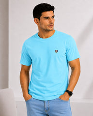 Men's Sky Blue Crew Neck T-Shirt - Gold Finish Cotton | EPG