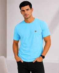 Men's Sky Blue Crew Neck T-Shirt - Gold Finish Cotton | EPG