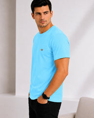 Men's Sky Blue Crew Neck T-Shirt - Gold Finish Cotton | EPG