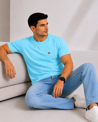 Men's Sky Blue Crew Neck T-Shirt - Gold Finish Cotton | EPG