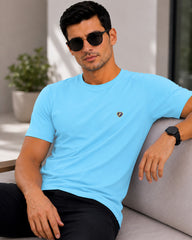Men's Sky Blue Crew Neck T-Shirt - Gold Finish Cotton | EPG