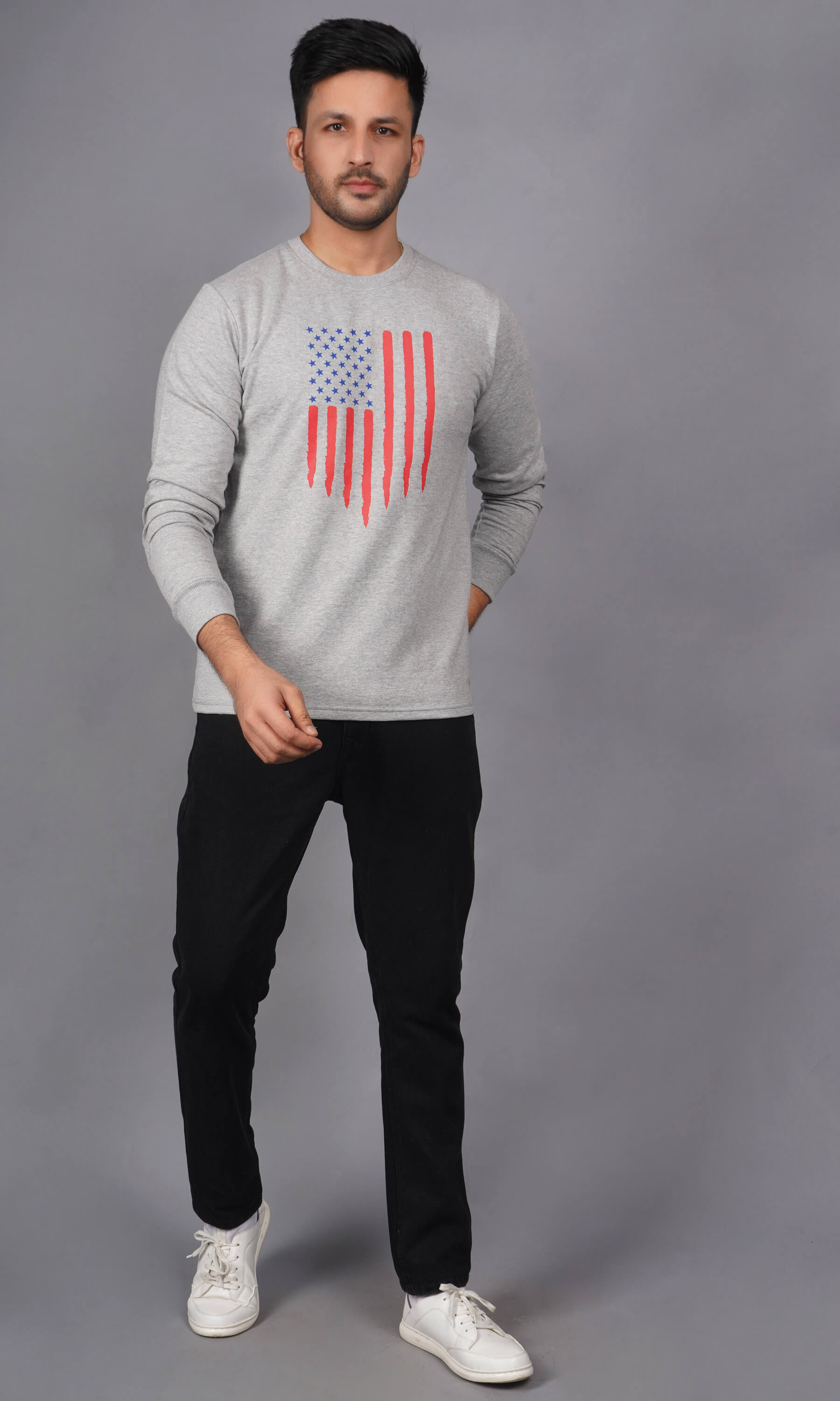 full front view men wearing pure cotton french terry full sleeve sweatshirt grey melange american flag print warm comfortable everyday wear premium comfort paired with EPG black jeans
