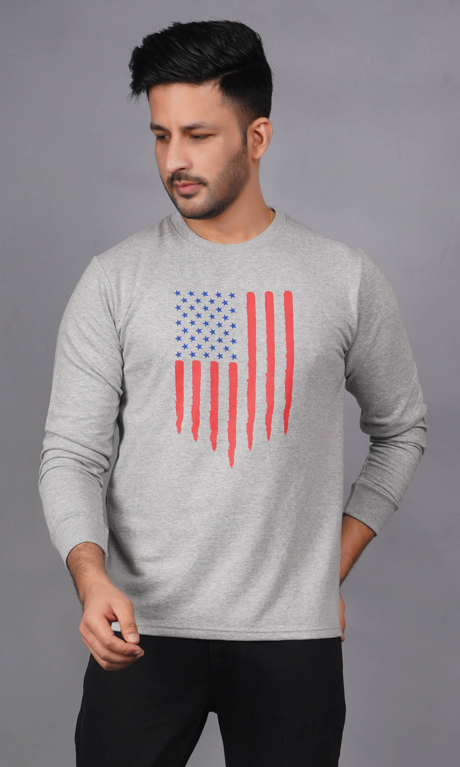 men wearing pure cotton french terry full sleeve sweatshirt grey melange american flag print true color anti sag fabric holds shape