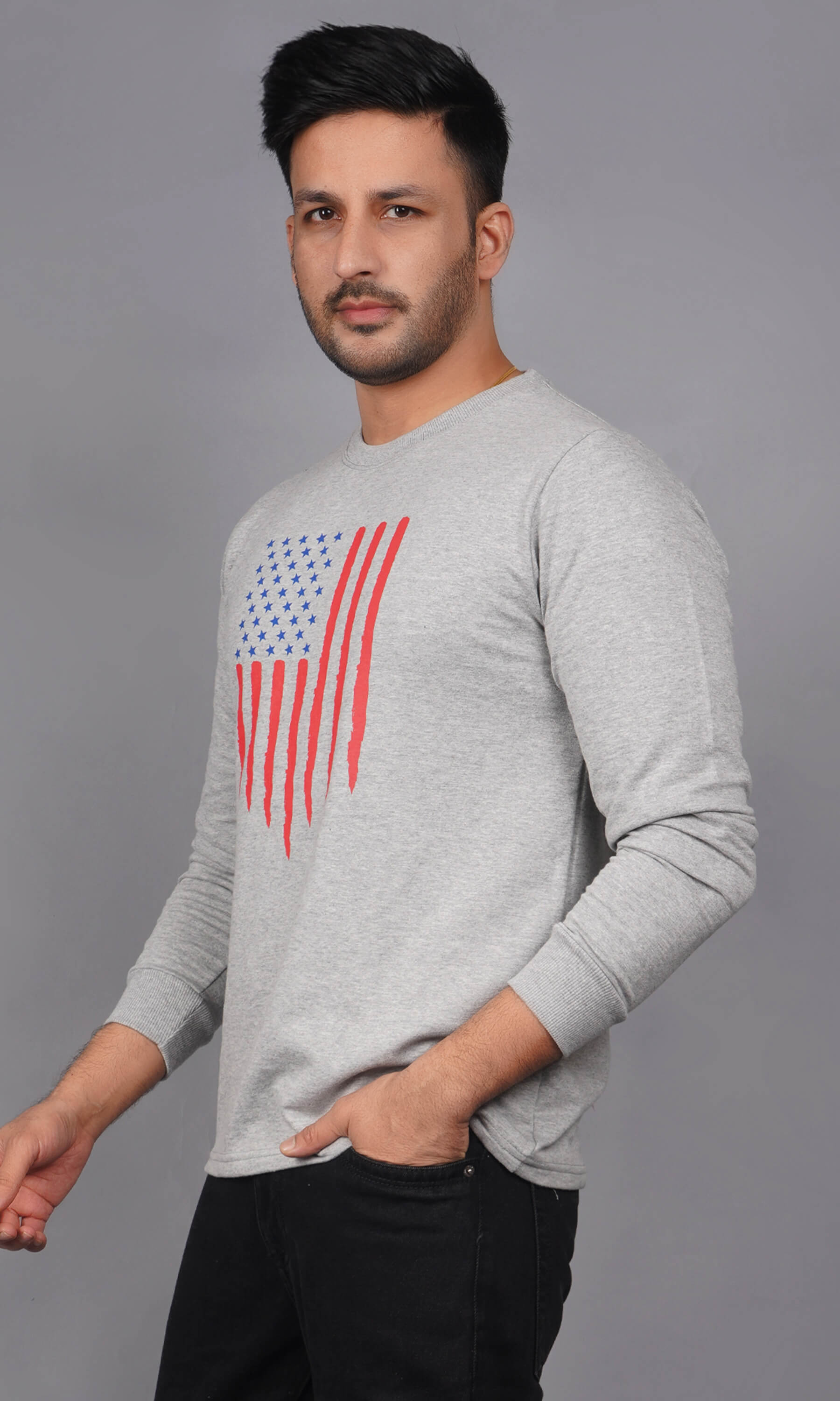 men pure cotton french terry full sleeve sweatshirt grey melange side view accurate fit american flag print true size holds shape