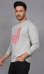 men pure cotton french terry full sleeve sweatshirt grey melange side view accurate fit american flag print true size holds shape