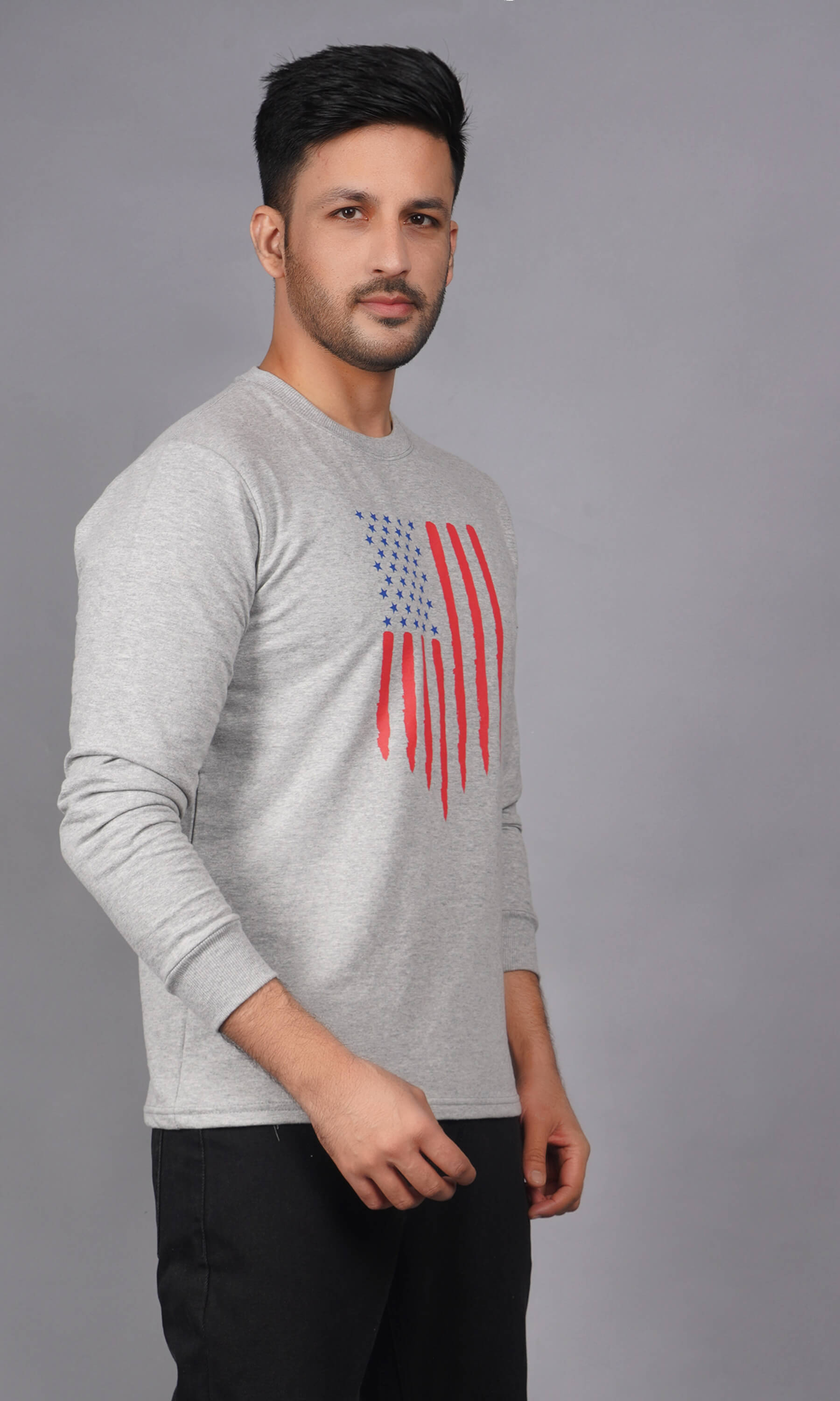 men pure cotton french terry full sleeve sweatshirt grey melange side view accurate fit american flag print true size holds shape left side view