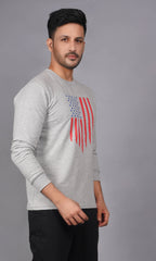 men pure cotton french terry full sleeve sweatshirt grey melange side view accurate fit american flag print true size holds shape left side view