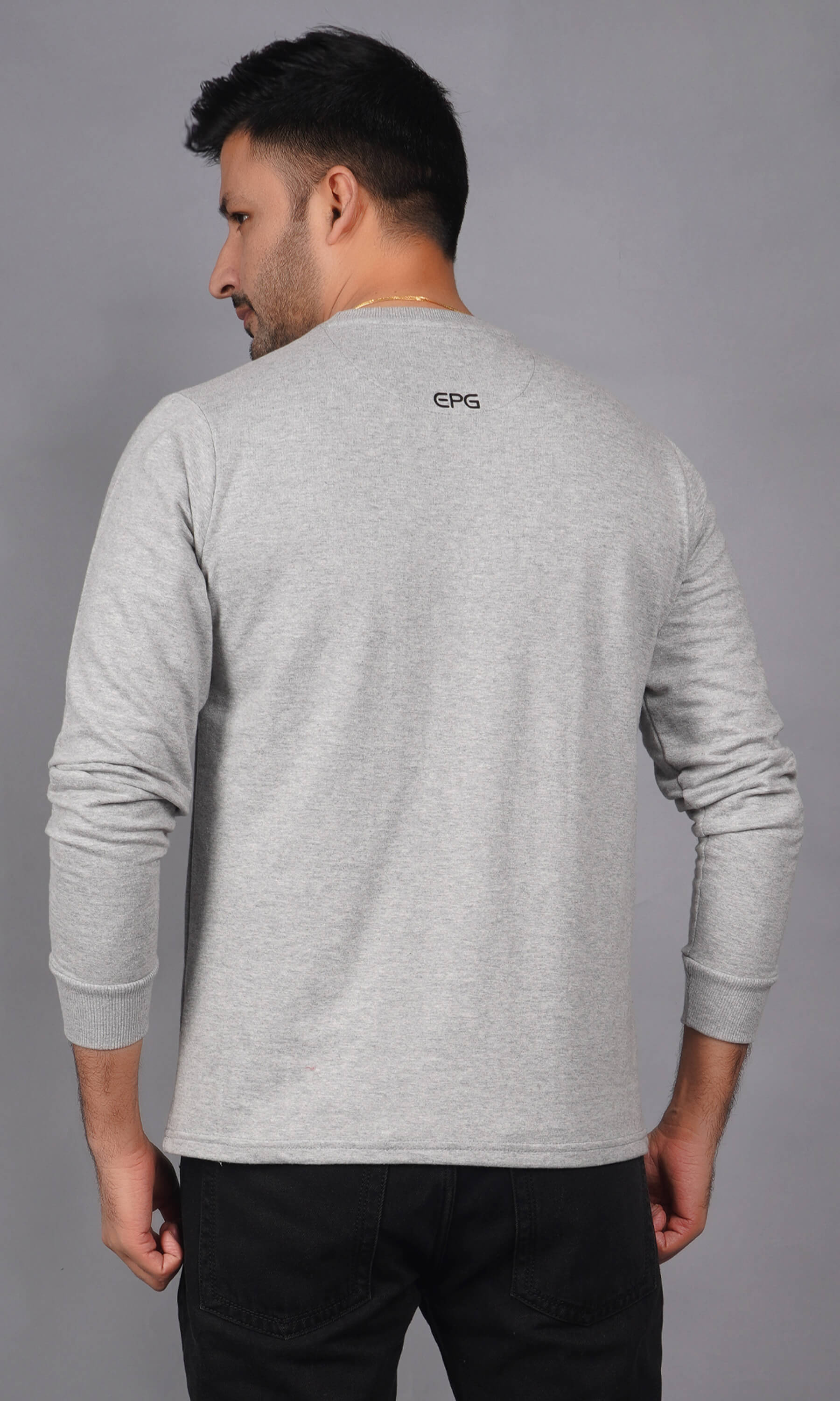 men grey melange pure cotton french terry full sleeve sweatshirt back view no print true size durable fabric won’t deform with small EPG logo digital print