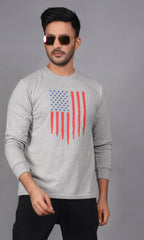 men wearing pure cotton french terry full sleeve sweatshirt grey melange american flag print warm comfortable everyday wear premium comfort