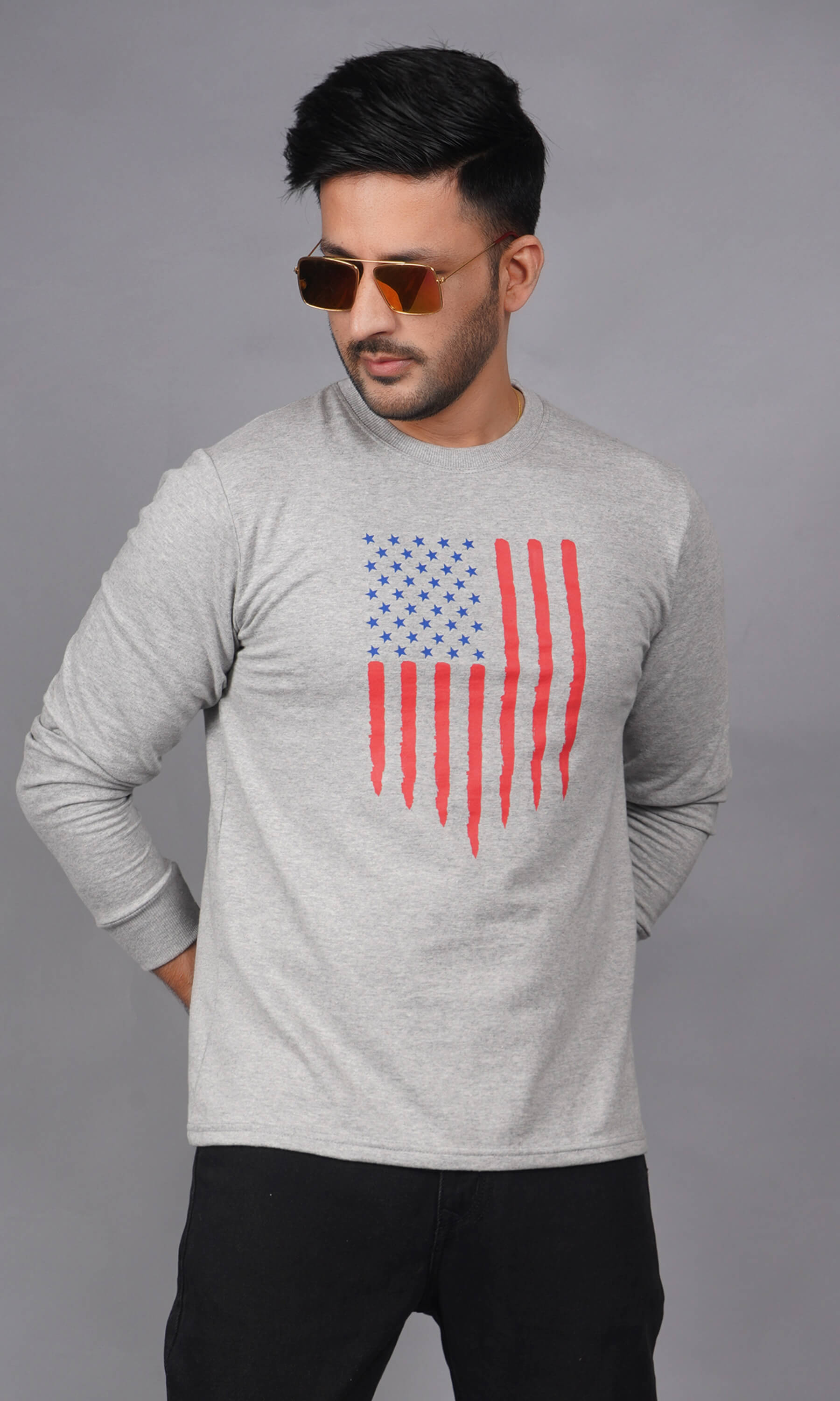 american flag print detail pure cotton french terry sweatshirt grey melange true color premium print quality