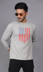 american flag print detail pure cotton french terry sweatshirt grey melange true color premium print quality
