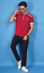 Combo of Cotton Slub Henley for Men - Crimson Red & Army Green