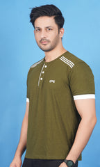 Combo of Cotton Slub Henley for Men - Crimson Red & Army Green