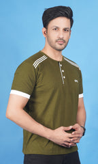 Combo of Cotton Slub Henley for Men - Crimson Red & Army Green
