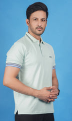 men cotton lycra half sleeve polo t shirt pistachio soft green color right side view accurate fit true size holds shape