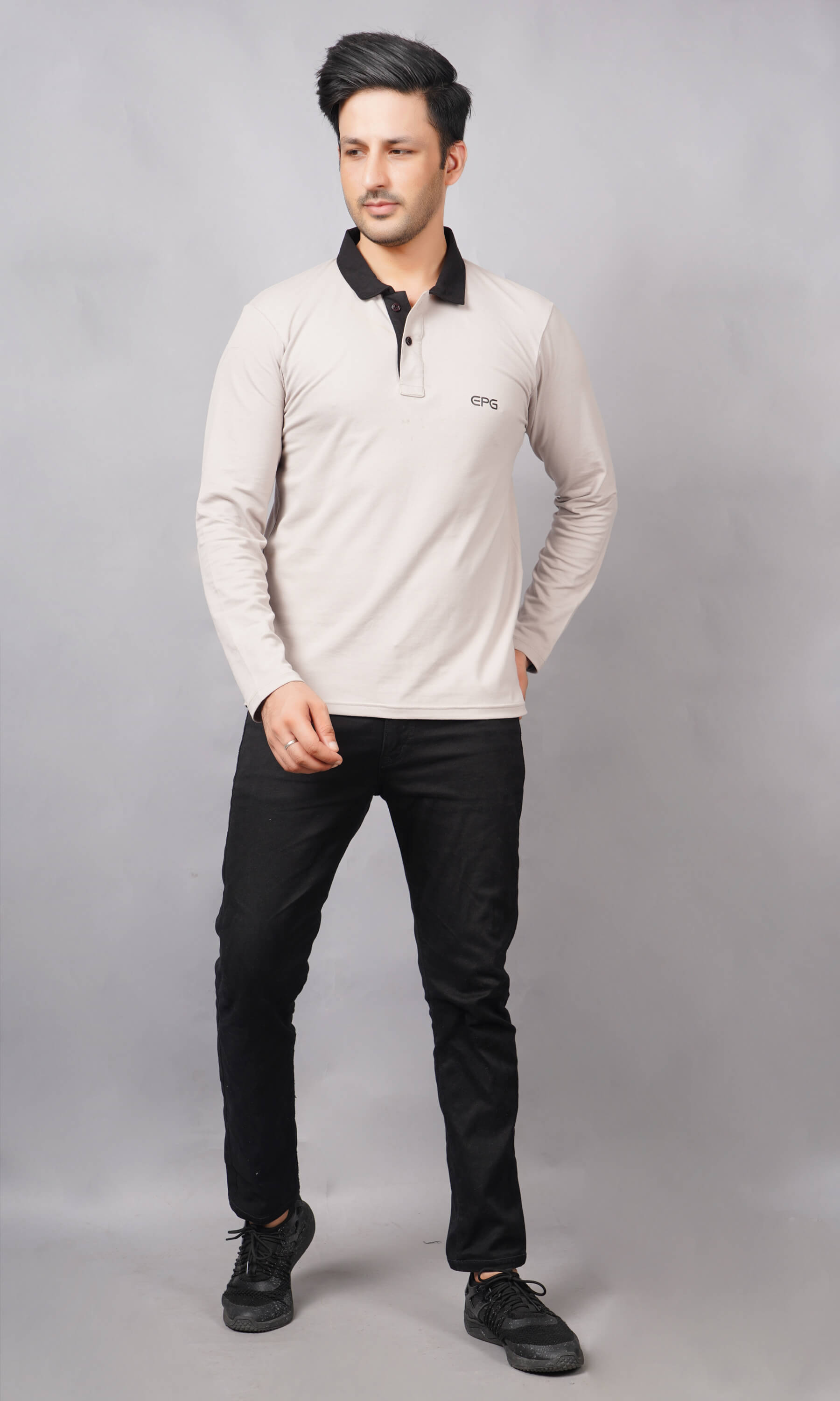 men wearing pure cotton lycra full sleeve polo t shirt grey with black contrast collar breathable everyday wear premium comfort