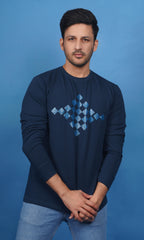 front view men full sleeve sweatshirt cotton lycra french terry denim blue soft warm breathable true fabric true size