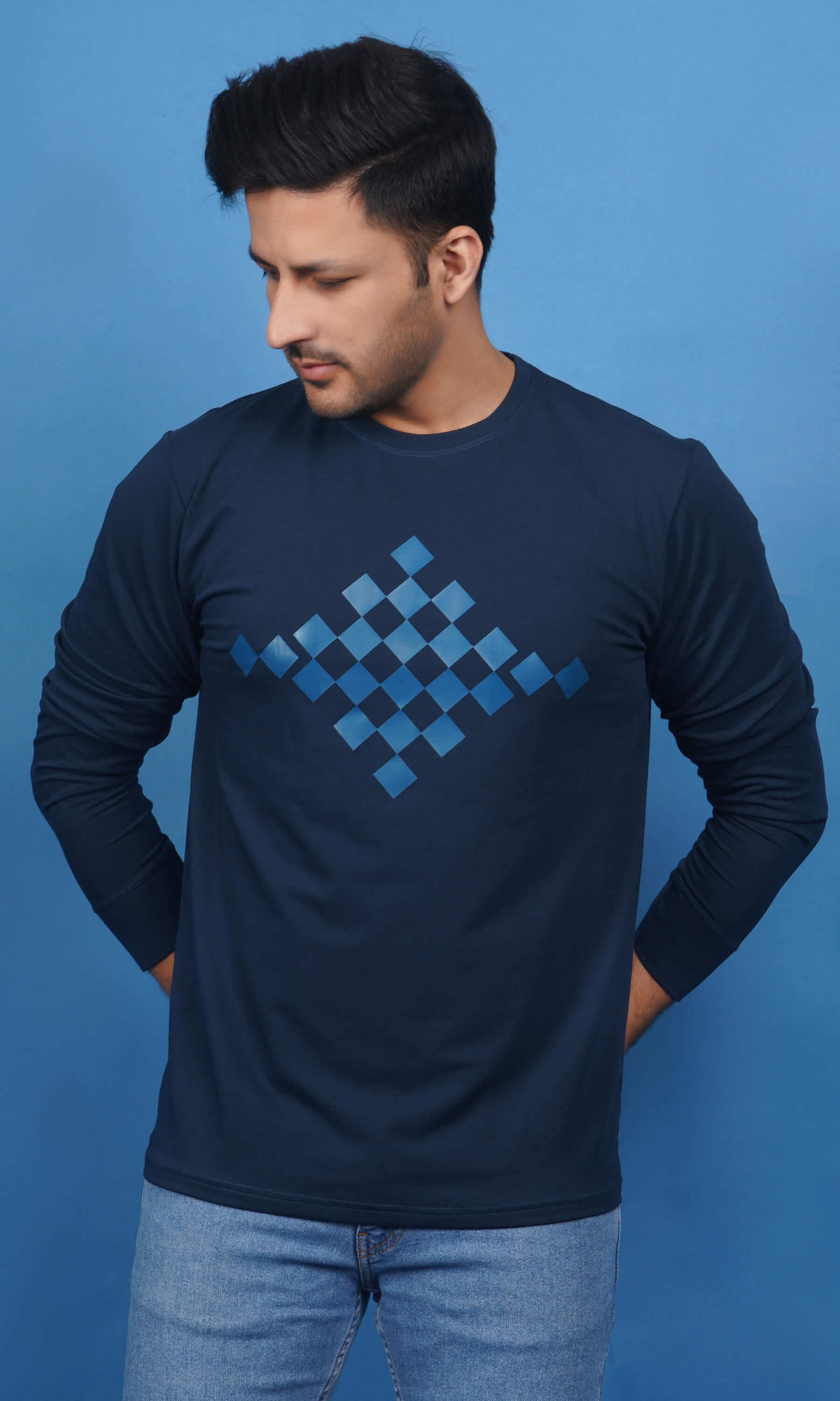 front view 2 with full digital print view men full sleeve sweatshirt cotton lycra french terry denim blue soft warm breathable true fabric true color